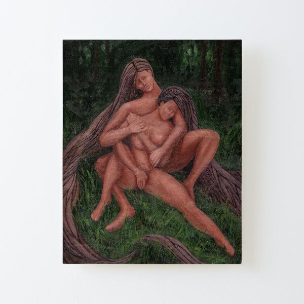 Two Nymphs Hugging in the Forest (Abstract Nude Figures) Canvas Mounted Print