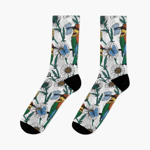Item preview, Bee-eaters, blue butterflies and daisies on white designed and sold by Katerina Mitkova Kirilova.
