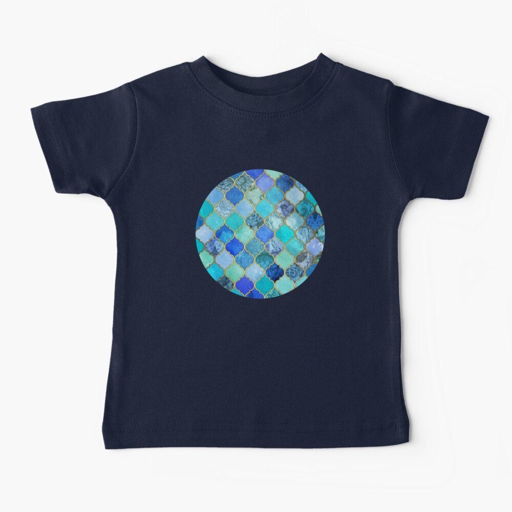 Cobalt Blue, Aqua & Gold Decorative Moroccan Tile Pattern Baby T-Shirt