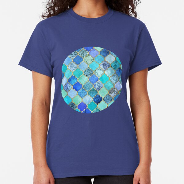 Cobalt Blue, Aqua & Gold Decorative Moroccan Tile Pattern Classic T-Shirt