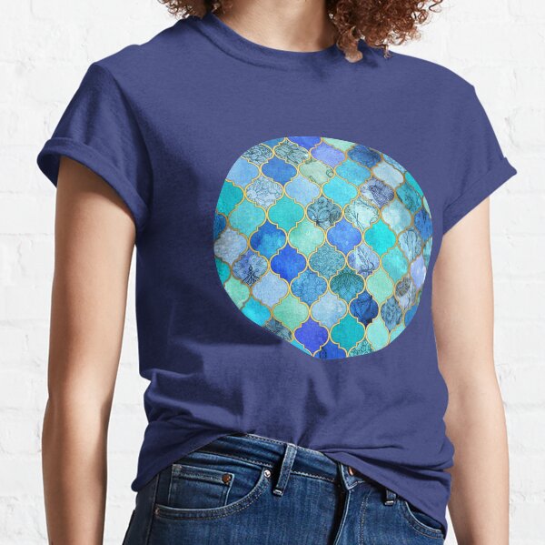 Cobalt Blue, Aqua & Gold Decorative Moroccan Tile Pattern Classic T-Shirt