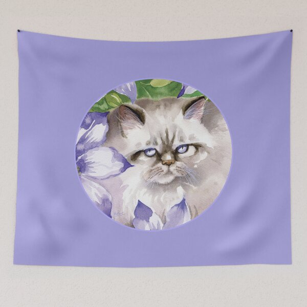 Artikelvorschau, Katze und blaue Clematis-Blumen entworfen und verkauft von Jackie  Harland.