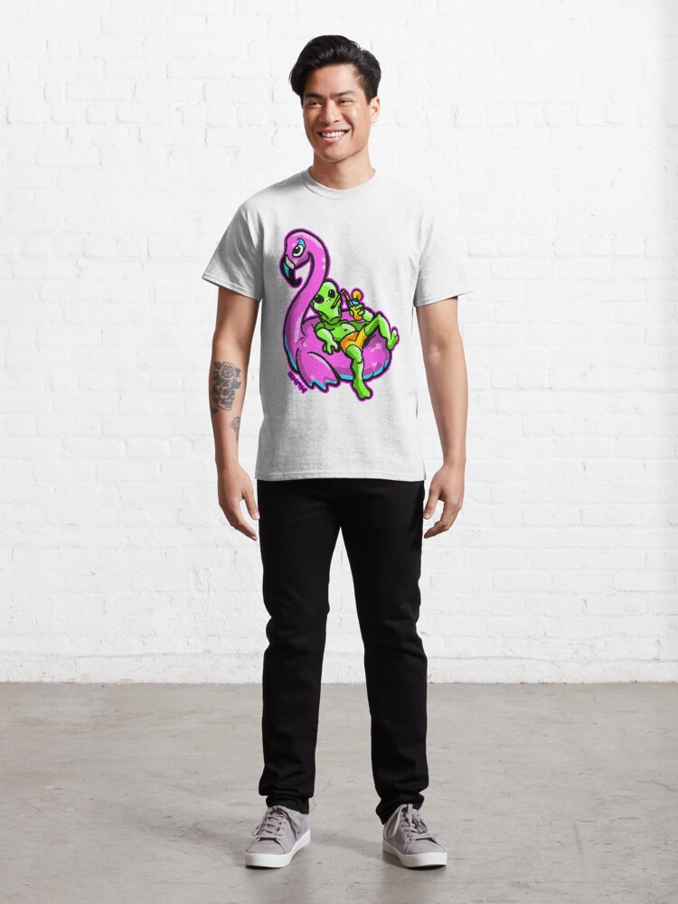Alternate view of Flamingo Floating Sippin Alien #giftoriginal #redbubble Classic T-Shirt