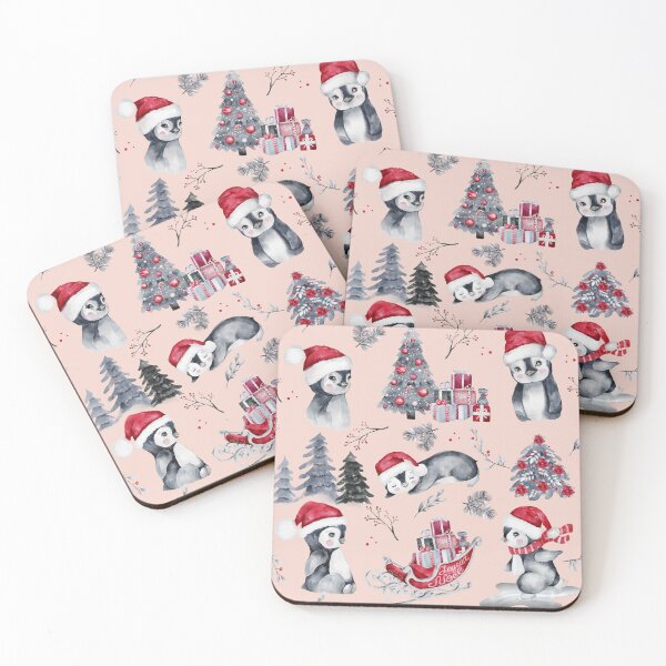 Item preview, Penguins in Santa Hats Blush Pink Winter Scene Pattern designed and sold by HHeartsDesigns.