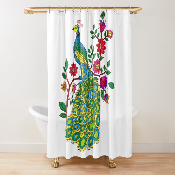 Peacock Modern Swirl Shower Curtain Purple Yellow Green Bird Artistic 