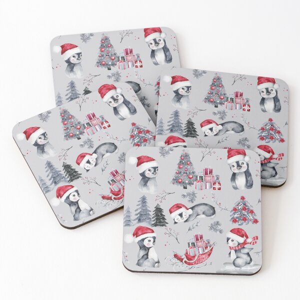 Item preview, Penguins in Santa Hats Gray Winter Scene Pattern designed and sold by HHeartsDesigns.