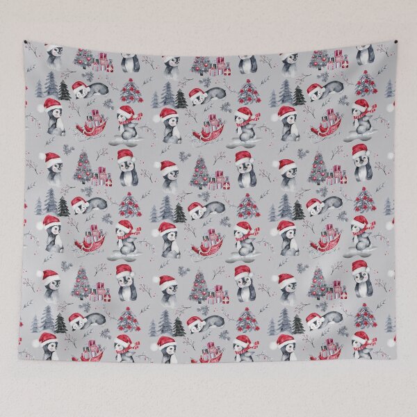 Item preview, Penguins in Santa Hats Gray Winter Scene Pattern designed and sold by HHeartsDesigns.