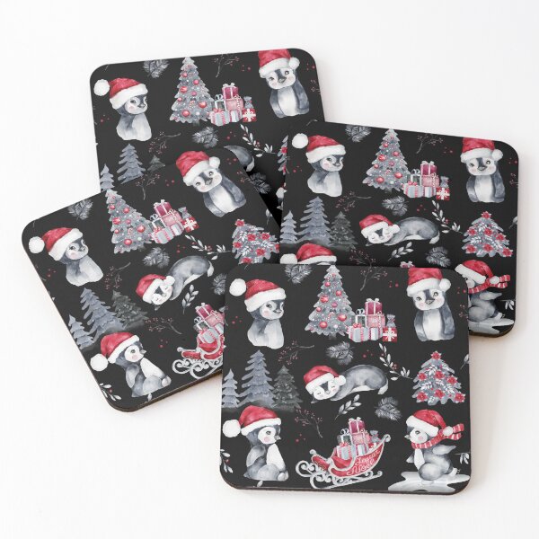 Item preview, Penguins in Santa Hats Black Winter Scene Pattern designed and sold by HHeartsDesigns.