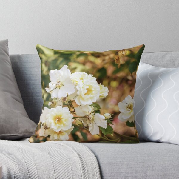 Vintage White Roses In The Garden Throw Pillow