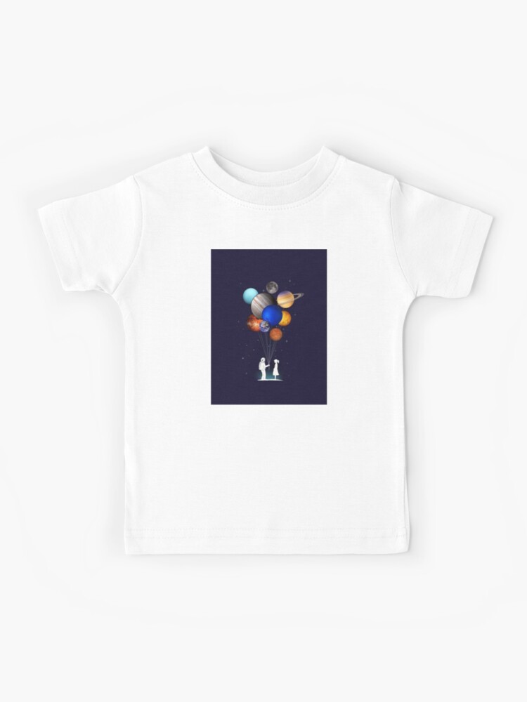 Astronaut with a girl holding balloons that are planets Kids T-Shirt