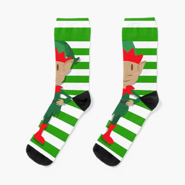 Item preview, Green and White Stripes with Holiday Elves designed and sold by SOCKSbySBD.