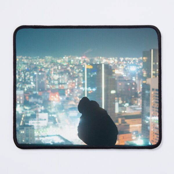 Item preview, silhouette of person sitting on window looking at city buildings during night time designed and sold by buucake.