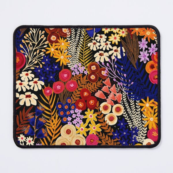 Aperçu de l'œuvre Flower Field Black Orange Blue Boho Style Pattern créée et vendue par Sandra Hutter.