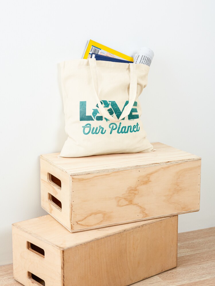 Tote Bag, Love Our Planet, Reuse, Recycle in Sage Blue designed and sold by jitterfly