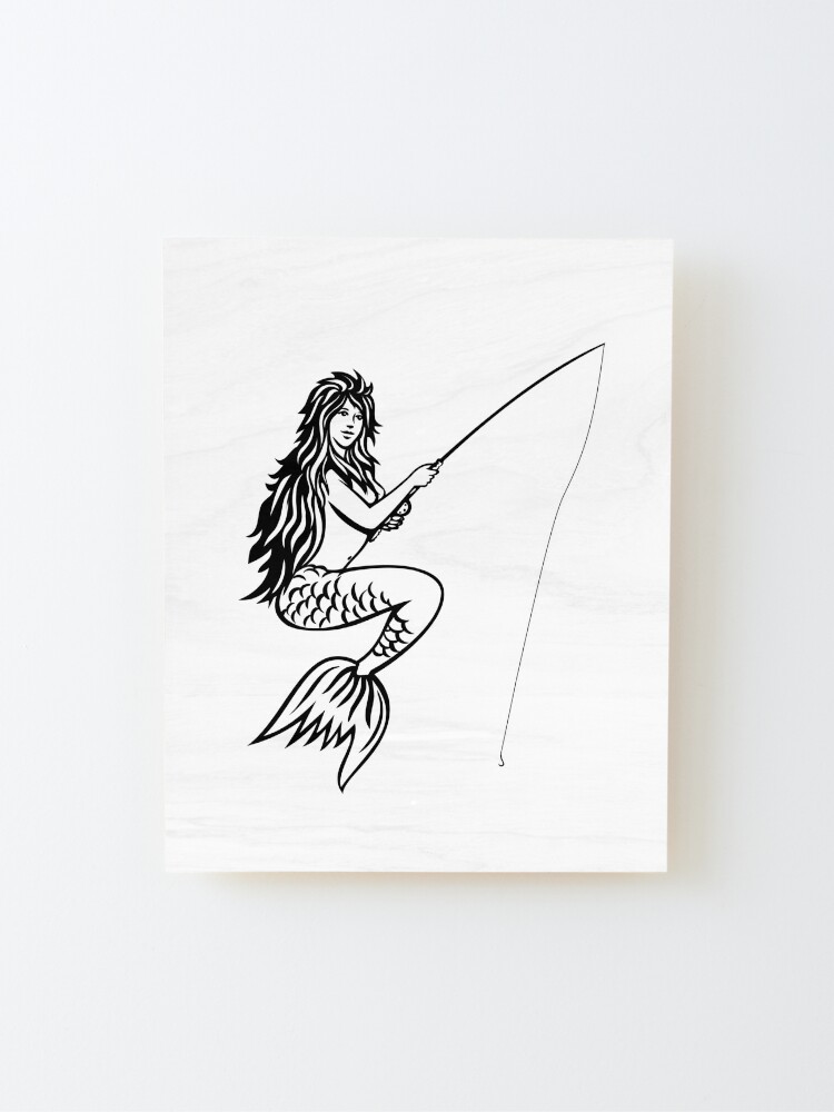 Lámina montada for Sale con la obra «Sirena o sirena con caña de pescar y  carrete Mascota de pesca con mosca Retro en blanco y negro» de patrimonio