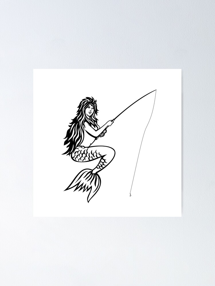 Mermaid or Siren with Fishing Rod and Reel Fly Fishing Mascot Black and  White Retro  Poster for Sale by patrimonio
