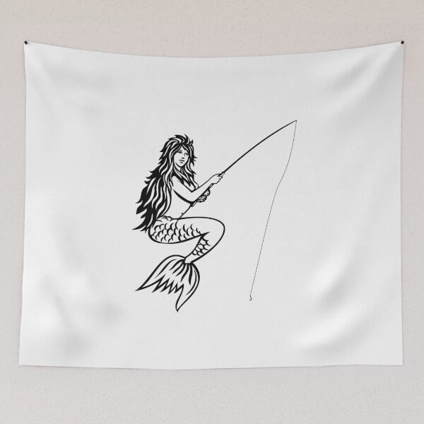 Item preview, Mermaid or Siren with Fishing Rod and Reel Fly Fishing Mascot Black and White Retro  designed and sold by patrimonio.