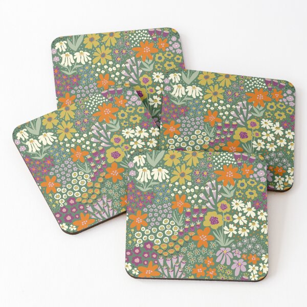 Item preview, Boho Flower Field Pattern Scandinavian Autumn Meadow Green Orange Yellow Purple designed and sold by Sandra Hutter.