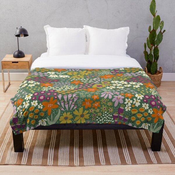 Item preview, Boho Flower Field Pattern Scandinavian Autumn Meadow Green Orange Yellow Purple designed and sold by Sandra Hutter.