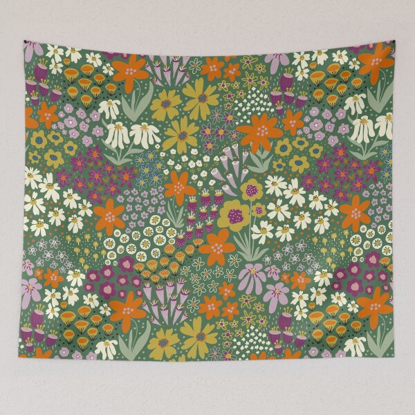 Item preview, Boho Flower Field Pattern Scandinavian Autumn Meadow Green Orange Yellow Purple designed and sold by Sandra Hutter.