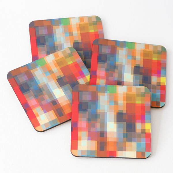 Item preview, graphic design geometric pixel square pattern abstract background in orange red pink yellow blue designed and sold by Mrvell.