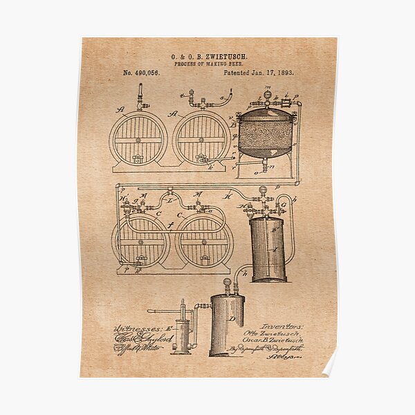 PATENT DRAWING / 1893 - Process Of Making Beer - Vintage Poster