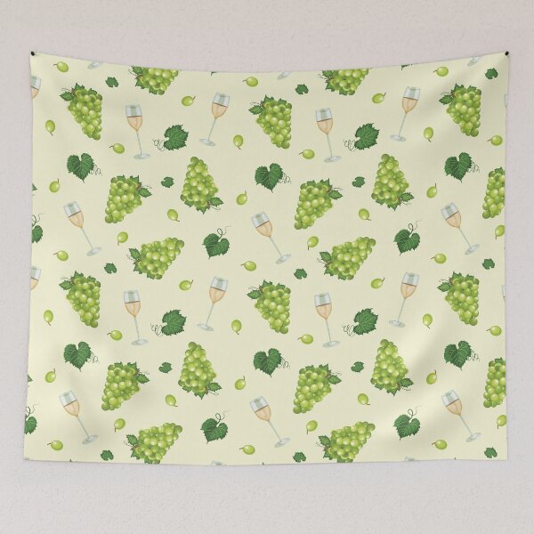 Item preview, Grape bunch seamless pattern with white wine glasses on green designed and sold by Huynhdesign.