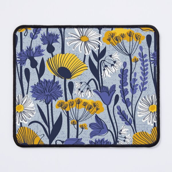 Item preview, Wild field // pastel blue background yellow poppies and fennel flowers white daisies blue cornflower bluebells and other wild flowers meadow plants oxford navy blue line contour designed and sold by SelmaCardoso.