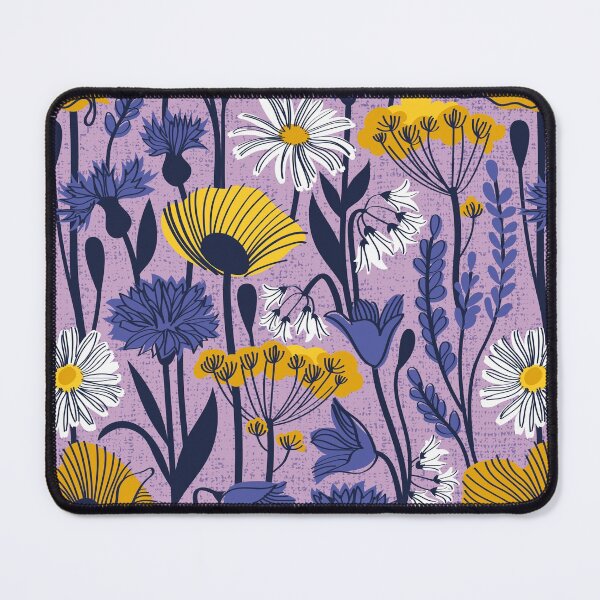 Item preview, Wild field // lilac background yellow poppies and fennel flowers white daisies blue cornflower bluebells and other wild flowers meadow plants oxford navy blue line contour designed and sold by SelmaCardoso.