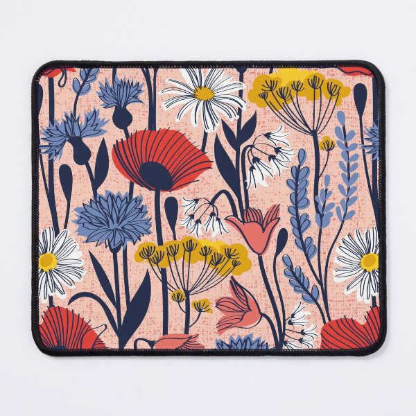 Item preview, Wild field // rose background neon red orange shade poppies white daisies denim blue cornflower coral bluebells yellow fennel flowers and other wild flowers meadow plants designed and sold by SelmaCardoso.