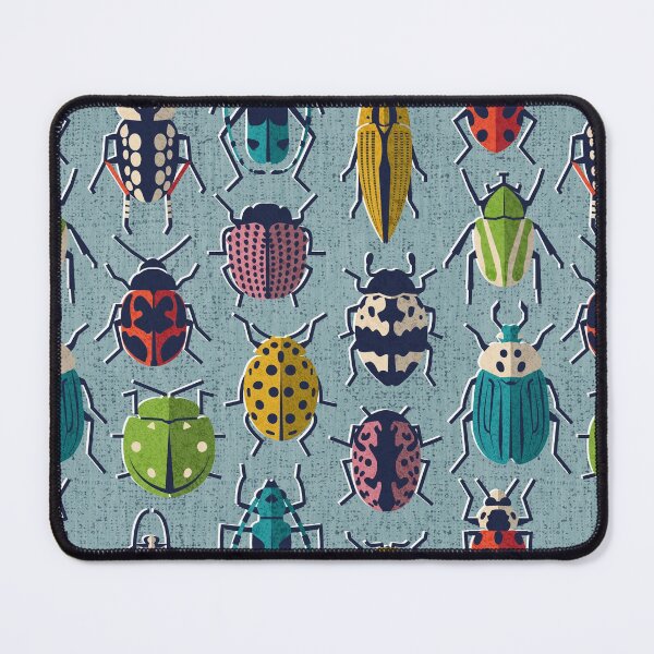 Item preview, These don't bug me // duck egg blue background green yellow neon red orange pink blue and black and ivory retro paper cut beetles and insects designed and sold by SelmaCardoso.