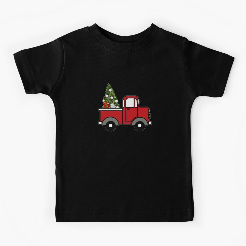 red truck with christmas tree shirt