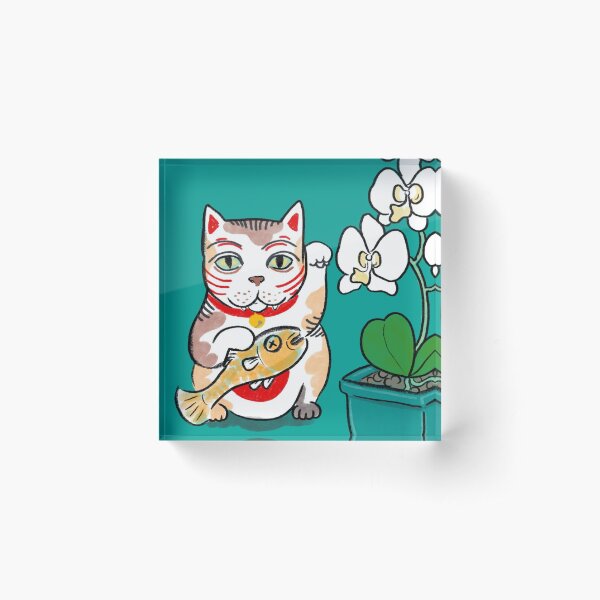 Maneki Neko Orchid Acrylic Block