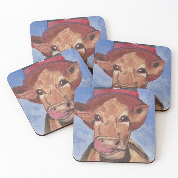 Item preview, Broadway Bessie Cow Licking its Lips wearing a Red Buckled Hat designed and sold by AliCatOriginals.