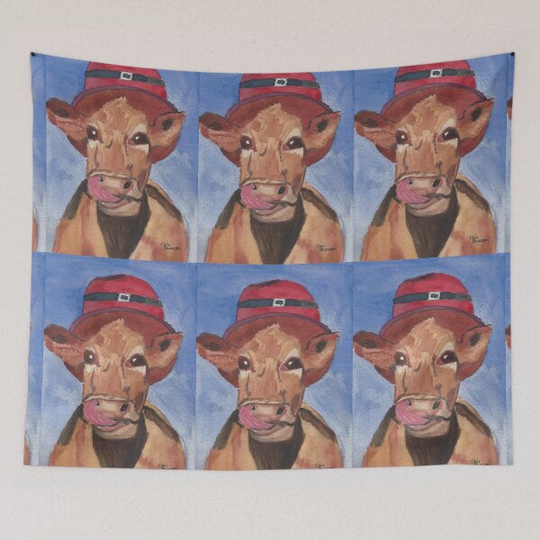 Item preview, Broadway Bessie Cow Licking its Lips wearing a Red Buckled Hat designed and sold by AliCatOriginals.