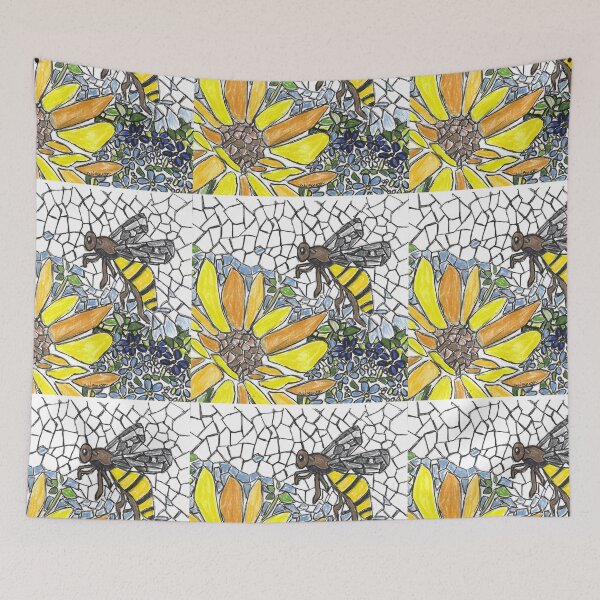 Item preview, Buzzing About a Bee Flying above a Yellow Flower Mosaic Style designed and sold by AliCatOriginals.