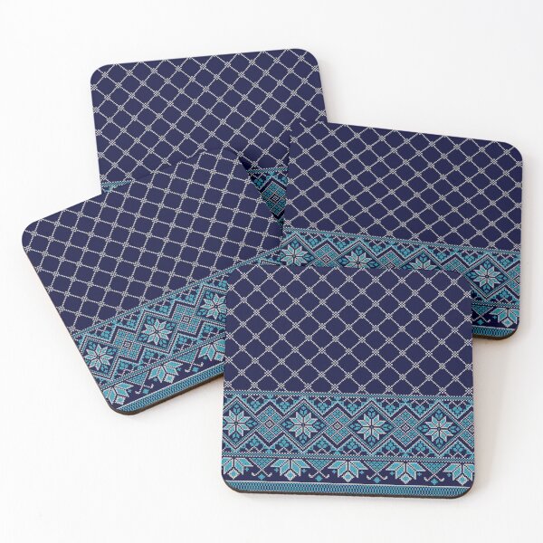 Item preview, Palestinian Arabic Kufiya Keffiyeh or also called Hatta Traditional Pattern with Tatreez Embroidery Art Design Blue Cream on Navy designed and sold by Hurriyyatee.