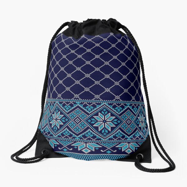 Aperçu de l'œuvre Arabe palestinien Kufiya Keffiyeh ou également appelé Hatta motif traditionnel avec Tatreez broderie Art Design bleu crème sur marine créée et vendue par Hurriyyatee.