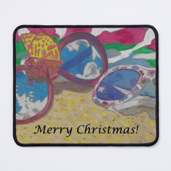 Item preview, At the Beach Christmas Sunglasses Lying on the Sand with a Hermit Crab and Beach Towel with Text designed and sold by AliCatOriginals.