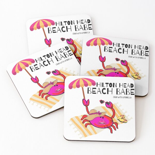 Item preview, “HILTON HEAD BEACH BABE”  CUTE CARTOON FUCHSIA  RED PINK CRAB WITH UMBRELLA designed and sold by EllieMonroe.