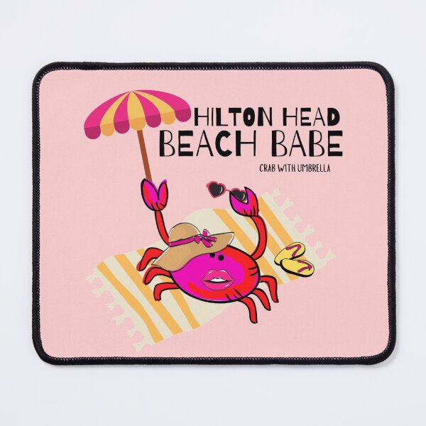 Item preview, “HILTON HEAD BEACH BABE” CUTE CARTOON FUCHSIA RED PINK CRAB WITH UMBRELLA designed and sold by EllieMonroe.