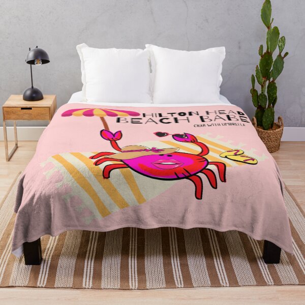 Item preview, “HILTON HEAD BEACH BABE”  CUTE CARTOON FUCHSIA  RED PINK CRAB WITH UMBRELLA designed and sold by EllieMonroe.