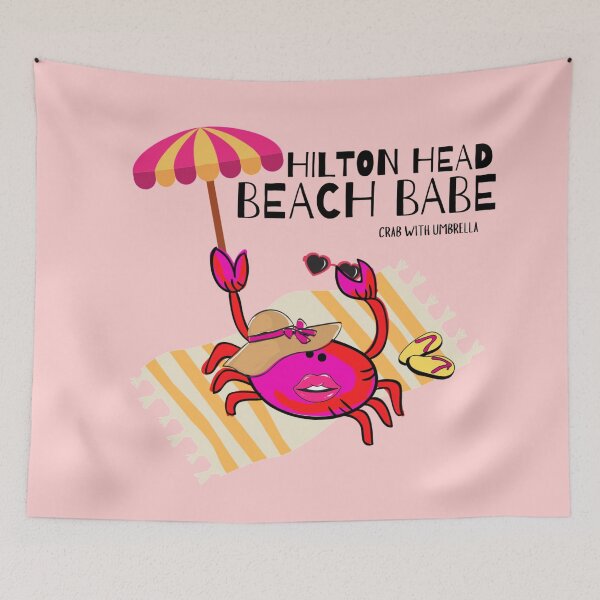 Item preview, “HILTON HEAD BEACH BABE”  CUTE CARTOON FUCHSIA  RED PINK CRAB WITH UMBRELLA designed and sold by EllieMonroe.