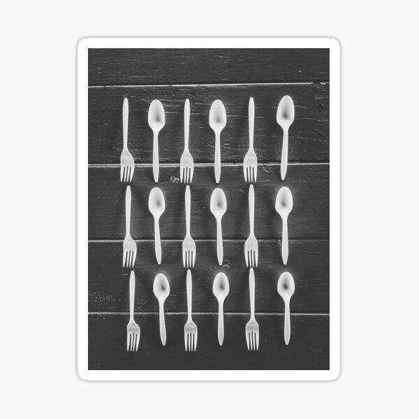 Item preview, forks and spoons on the wooden table in black and white designed and sold by Mrvell.