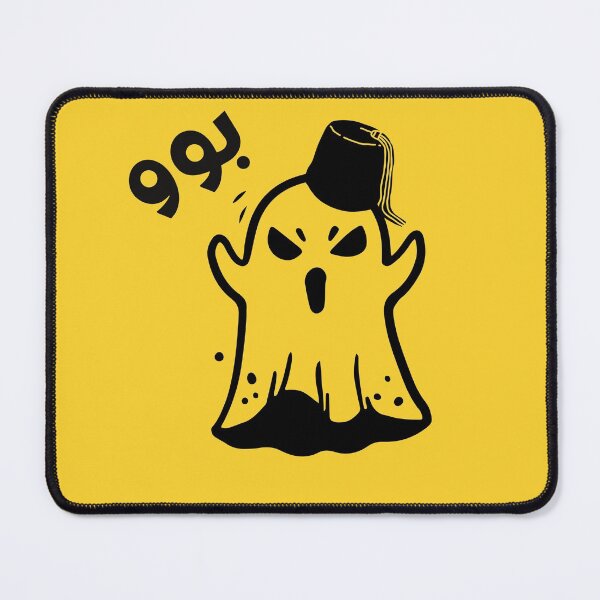 Artikelvorschau, Schwarzer Halloween-Geist mit arabischem Buh, gelber Hintergrund entworfen und verkauft von SalxSal.