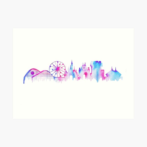 California Magic Theme Park Watercolor Skyline Silhouette Art Print