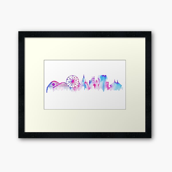 California Magic Theme Park Watercolor Skyline Silhouette Framed Art Print