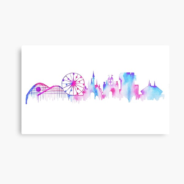 California Magic Theme Park Watercolor Skyline Silhouette Metal Print