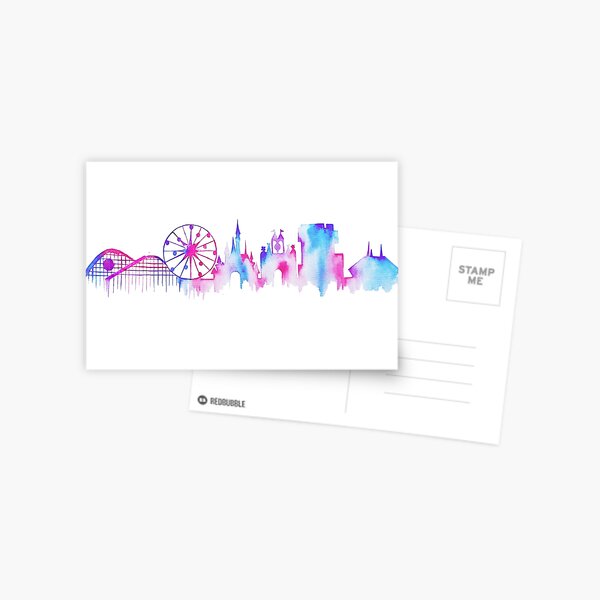 California Magic Theme Park Watercolor Skyline Silhouette Postcard