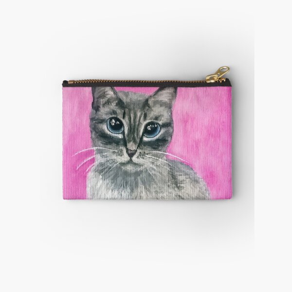 Item preview, Grey blue-eyed cat on pink background (acrylic painting) designed and sold by Alice-Moonbliss.